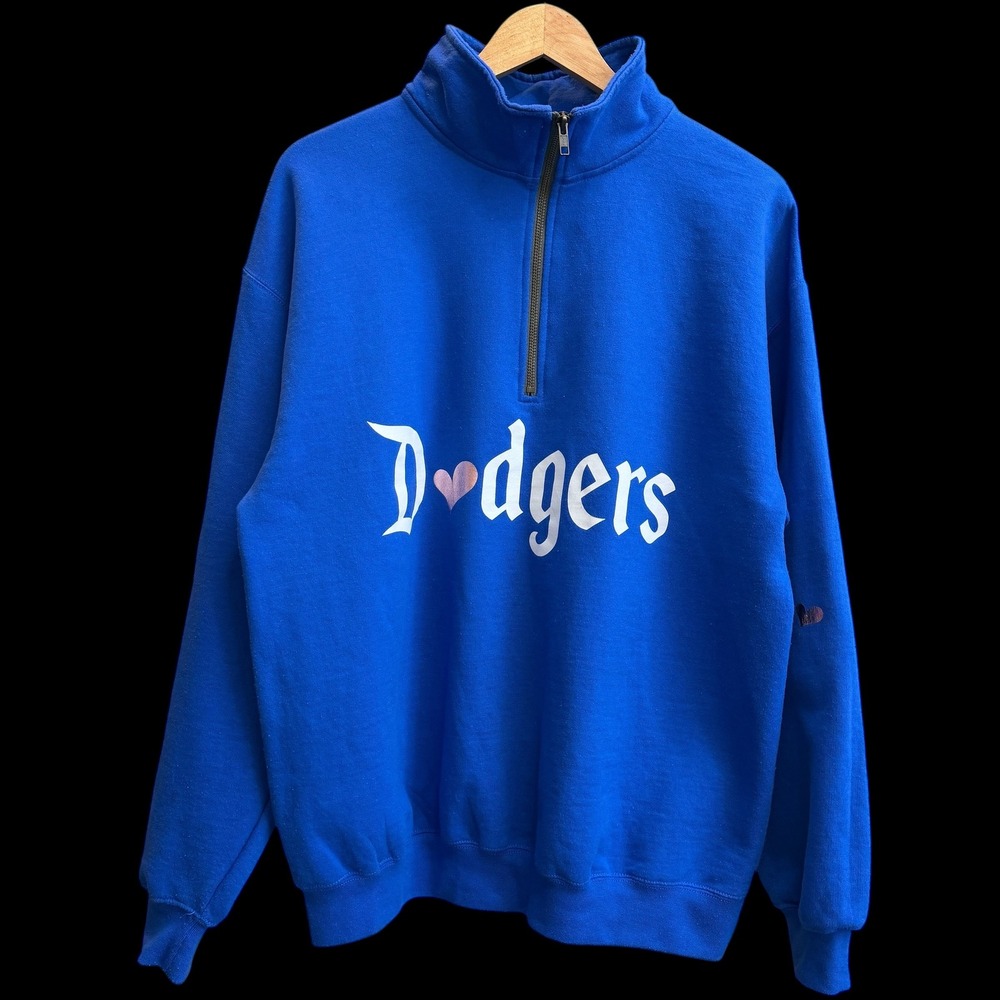 Gildan Los Angeles Dodgers Blue Quarter Zip 50% Cotton Sweatshirt Heart Womens L